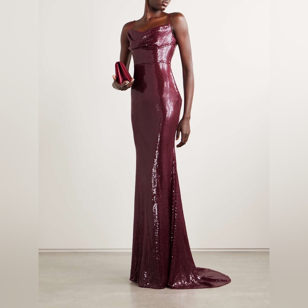 Alex Perry Draped Sequined Tulle Gown in Burgundy